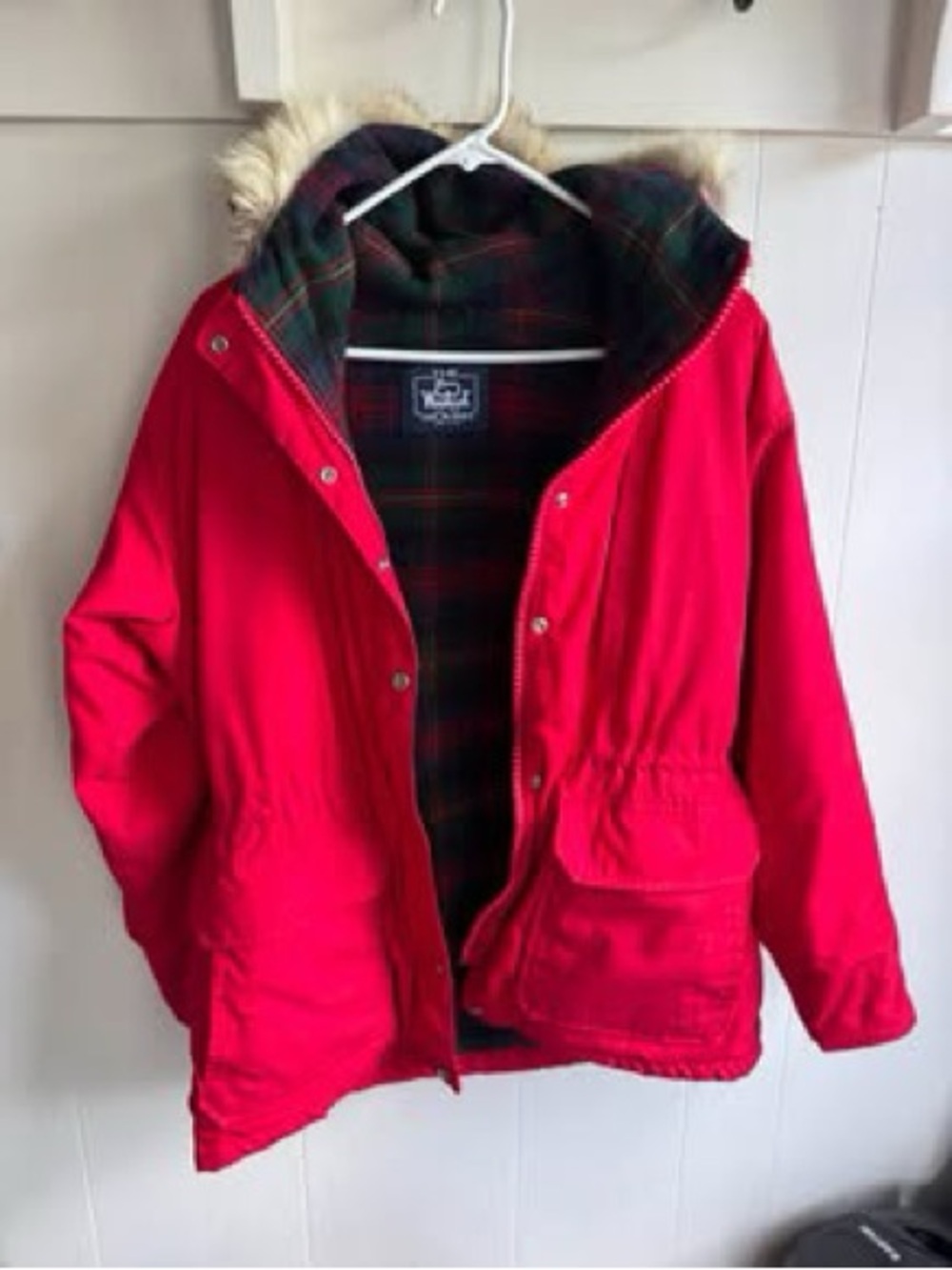 Woolrich Bright Red Hooded Ski Jacket with Faux Fur Trim